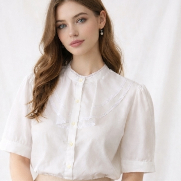 Erica | 90's Vintage White Cotton Collar Frill Feminine Blouse - Picture 9 of 10